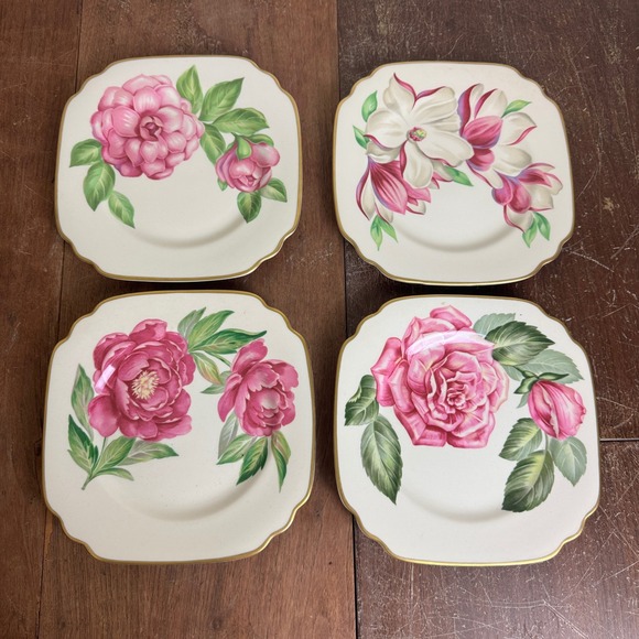 New Syracuse China 8" Floral Plates White Pinks Greens 1960s Vintage Set of 4 - Picture 1 of 7